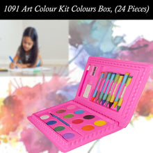 Colorful art kit with 24 pieces, including crayons and paints.