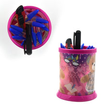 Set of stick ballpoint pens with colorful designs and a stand for kids.