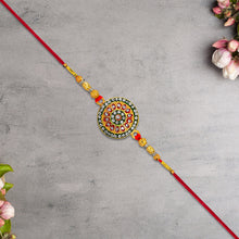 Royal Designer Rakhi With Kundan Centerpiece Red  Green Enamel Work And Golden Beads