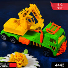 Big size toy JCB truck with yellow excavator and green cabin, made in China, model 4443