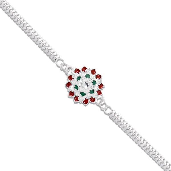 Traditional Floral Rakhi With Red  Green Stones  Silver Designer Rakhi For Brother