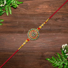 Royal Designer Rakhi With Kundan Centerpiece Red  Green Enamel Work And Golden Beads