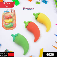 3D Fancy & Stylish Colorful Chili Shape Erasers, Mini Eraser Creative Cute Novelty Eraser for Children Eraser Set for Return Gift, Birthday Party, School Prize, (3 pc Set)