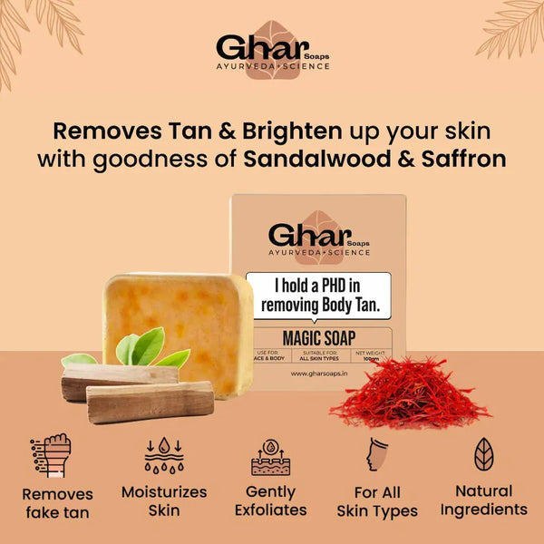 Ghar Soaps Magic Soap Sandal Wood And Saffron for DeTan and Glowing Brightening SkinNet Quantity (N) 3