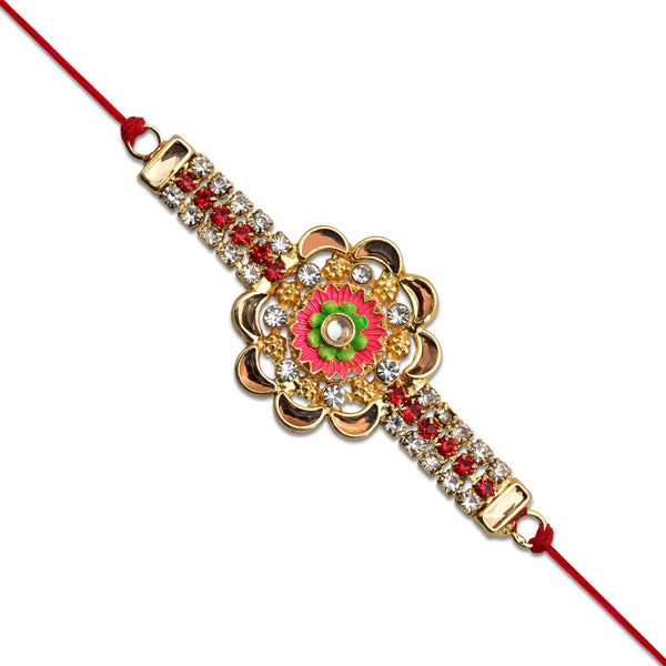 Stone Studded Floral Rakhi With Colorful Enamel Center