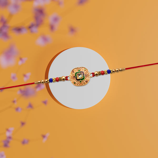 Traditional Kundan Rakhi With Antique Gold Finish  Multicolor Beads