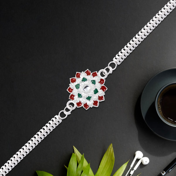 Traditional Floral Rakhi With Red  Green Stones  Silver Designer Rakhi For Brother